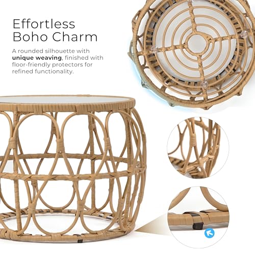 Furniture of America Ysar Boho Rattan Round Coffee Table Outdoor with 5mm Tempered Glass Top, All-Weather and Rust Resistant Patio Furniture