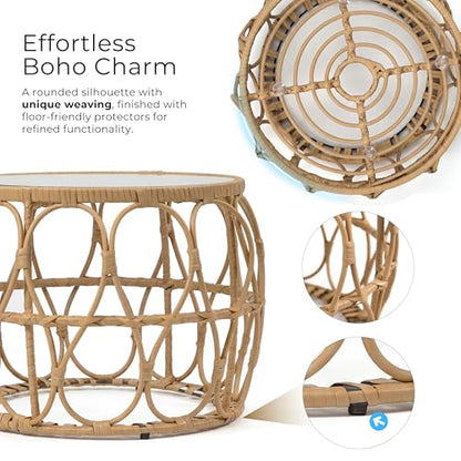 Furniture of America Ysar Boho Rattan Round Coffee Table Outdoor with 5mm Tempered Glass Top, All-Weather and Rust Resistant Patio Furniture