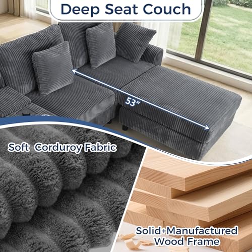 114" Corduroy Modular Sectional Couch with Built-in Speakers & USB Ports, Deep Seat L Shaped Couch with Storage Console, Cup Holders, Movable Ottoman, Cloud Comfy Gaming Sofa for Living Room (Gray)