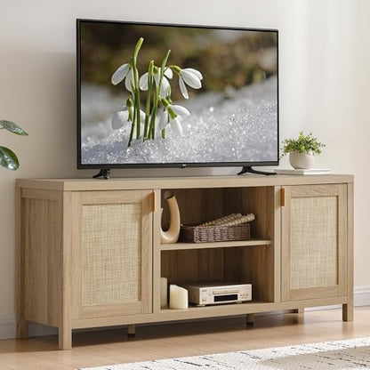 Rattan TV Stand for Living Room - 26" Tall TV Console Cabinet with Storage and Adjustable Shelf, Boho Entertainment Center, 59" Media Console for 50, 55, 65 Inch TV, Light Oak