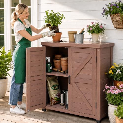 Outdoor Storage Cabinet with Metal Tabletop, Cedar Wood Garden Workstation | Metal Work Surface，Ample Storage Capacity，Natural Wood Construction，Garden Tool Organization，Patio & Garden Furniture