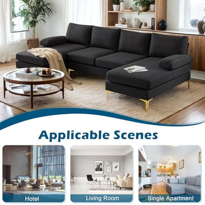 110" Modern Sectional Couch with 51" D Double Chaise, Black Deep Seat U Shaped Couch with Removable Pillows & Metal Legs, Comfy 4-Seat Sofas for Living Room, Linen Fabric