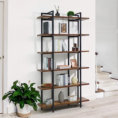6-Tier Book Shelf, 86" H Vintage Industrial Bookcase with Open Display Shelving, Wooden and Metal Shelving Unit, Bookshelves and Bookcases, Stand Shelf for Bedroom, Home Office, Rustic Oak