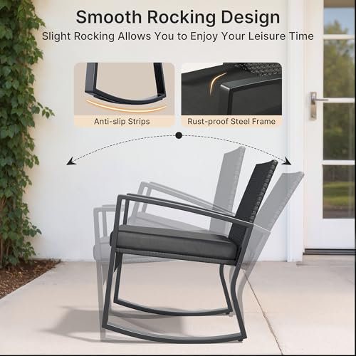 4 Piece Patio Furniture Set, Outdoor Wicker Patio Furniture with Glass Coffee Table, Modern Rattan Rocking Chairs Conversation Set, for Porch, Garden, Lawn (Black)