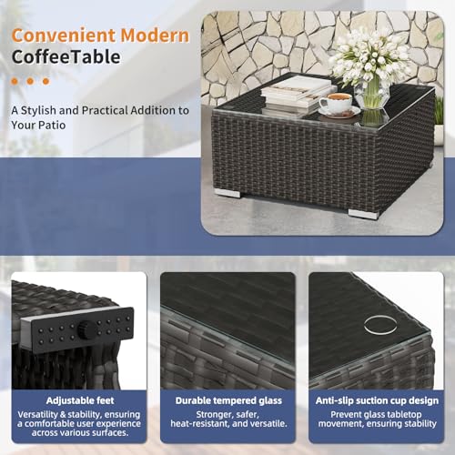 7-Piece Outdoor Patio Furniture Sofa Set Black Rattan Wicker Sectional Conversation Sets with Glass Top Table and Cushions(Dark Blue)