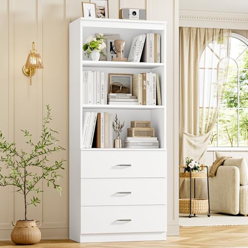 71" H White Bookshelf with Drawers, Bookshelf and Bookcase with 3-Tier Open Shelves, Tall Bookshelf Tall Storage Cabinet for Home Office