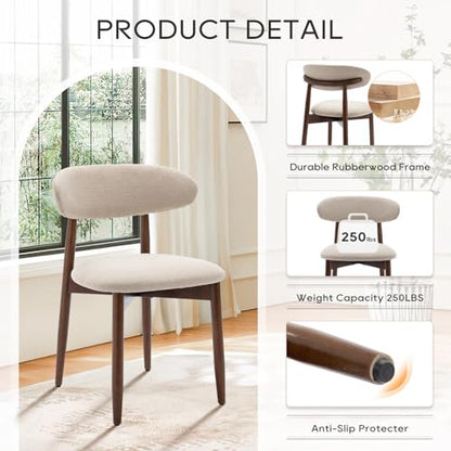 Wooden Dining Chairs Set of 6, Modern Upholstered Fabric Dining Room Chair, Farmhouse Kitchen Side Chairs with Foot Pegs, Beige