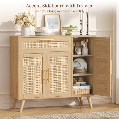 Kitchen Buffet Cabinet with 3 Doors, Rattan Storage Cabinet, view 4