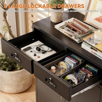 Metal Storage Cabinet, Garage Storage Cabinet with 2 Drawers and Adjustable Shelf, Locking Short Storage Cabinet for Office Garage Home, Black Metal Cabinets(36" H x 31.5" W x 16" D)