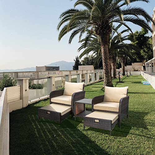 Balcony Furniture 5 Piece Patio Conversation Set, PE Wicker Rattan Outdoor Lounge Chairs with Soft Cushions 2 Ottoman&Glass Table for Porch, Lawn-Brown Wicker