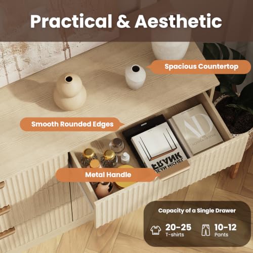 Modern Fluted 6 Drawer Dresser, Wide Wooden Storage Cabinet with Metal Handles, view 6