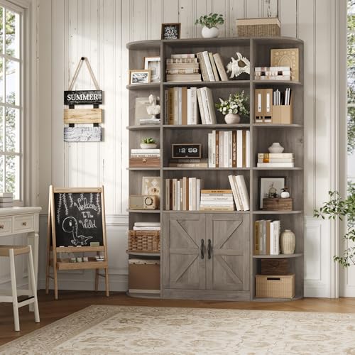 75" Tall 6-Tier Bookcase and Bookshelf with Storage, Ash Grey | Freestanding Wood Display Shelves, 47" Wide Book Shelf, Bookcase with Door, Book Storage Cabinet for Home Office, Living Room