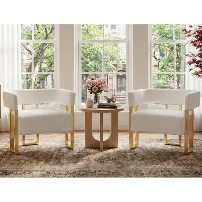 Mid Century Modern Accent Chair Set of 2, Barrel, White Boucle, Gold Leg, view 2