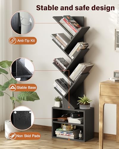 6 Tier Tree Bookshelf, Small Bookcase with Storage Cabinet, Modern Narrow Bookshelves Organizer, Floor Standing Book Shelf for Bedroom/Living Room/Home Office/Corner, Black