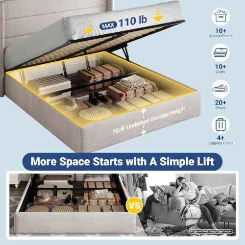 Full Size Lift Up Hydraulic Storage Bed Frame Light Beige, view 4