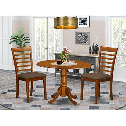 DLML3-SBR-C 3 Piece Dining Set Contains a Round Dining Room Table with Dropleaf and 2 Linen Fabric Upholstered Kitchen Chairs, 42x42 Inch, Saddle Brown