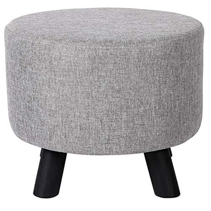 Grey Linen Foot Stool Ottoman – Soft Compact Round Padded Seat – Living Room and Bedroom – Black Wood Legs Upholstered Decorative Furniture Rest – Vanity Seat