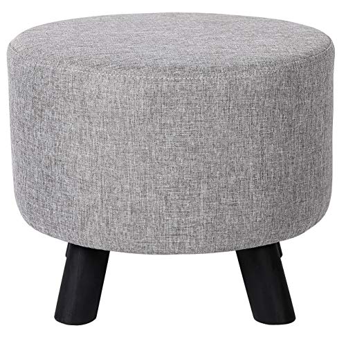 Grey Linen Foot Stool Ottoman – Soft Compact Round Padded Seat – Living Room and Bedroom – Black Wood Legs Upholstered Decorative Furniture Rest – Vanity Seat