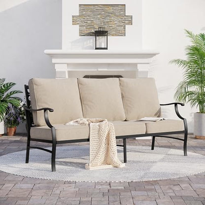 Metal Patio Furniture Sofa with 5.75" Super-Thick Waterproof Cushion, 3-Seater Deep Seating & High-Back Outdoor Couch for Patio Backyard Deck Front Porch