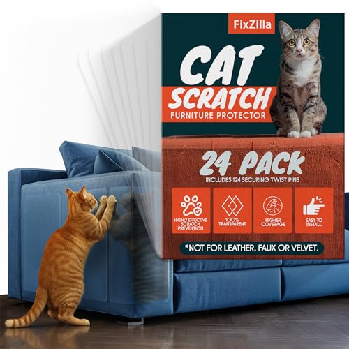 Anti Cat Scratch Furniture Protector, 24-Pack Couch Protector from Cat Claws – Heavy-Duty, Easy-to-Apply Scratching Deterrent and Shield for Sofa Corners, Walls, Doors- with 124 Twist Pins