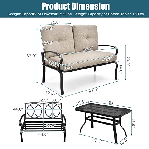 Patio Loveseat with Table Set, 2 Seat Cushioned Sofa with Coffee Table, Patio Conversation Sofa Set with Rustproof Frame, 2 Pieces Outdoor Furniture Set for Garden, Poolside, Balcony (Beige)