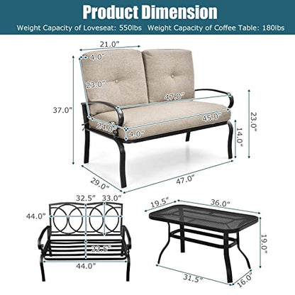 Patio Loveseat with Table Set, 2 Seat Cushioned Sofa with Coffee Table, Patio Conversation Sofa Set with Rustproof Frame, 2 Pieces Outdoor Furniture Set for Garden, Poolside, Balcony (Beige)