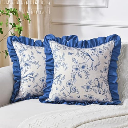 Floral Linen Throw Pillow Covers 18x18 Inches Set of 2, Farmhouse Decorative Couch Pillow Covers with Ruffle, French Country Throw Pillowcases Soft Cushion Covers for Sofa Bed Living Room, Blue