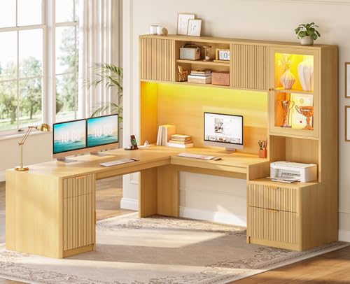 67" x 65" L Shaped Desk with Hutch, RGB LED Corner Computer Desk with Power Outlets, Fluted Home Office Desk with File Drawer, Storage Cabinet & Glass Display Cabinet for Gaming & Working, Oak