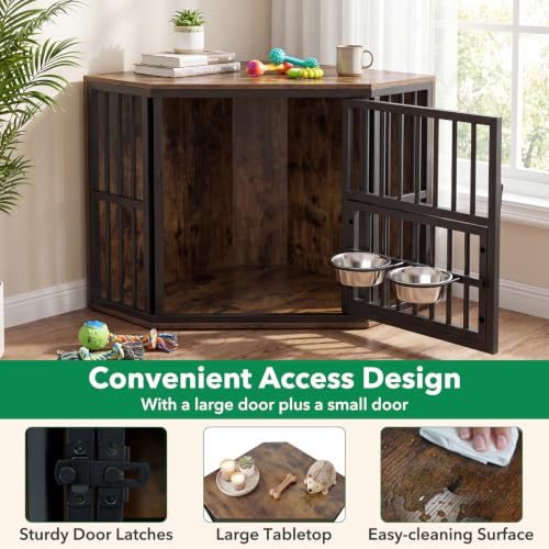 Corner Dog Crate Furniture with Adjustable & Reversible Feeder, view 7