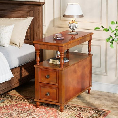 Tribesigns Solid Wood Nightstand with 2 Drawers, Mid-Century Modern Night Stand with Open Storage Shelf, Vintage Bedside Table for Bedroom, Easy to Assemble (1, Walnut)