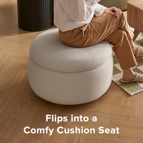 Luna Round Ottoman with Storage and Tray, Round Coffee Table with Storage, Upholstered Foot Stools Ottoman for Living Room, Bedroom, with Solid Rubberwood Legs (Pearl White Performance Boucle)