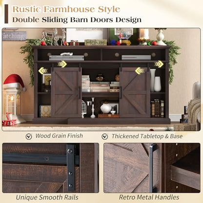 66" Farmhouse TV Stand for 75" TVs with Adjustable Shelves, Brown, view 6