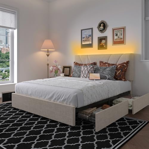 Queen Bed Frame with Drawers/Charging Station/LED Light, Beige, view 2