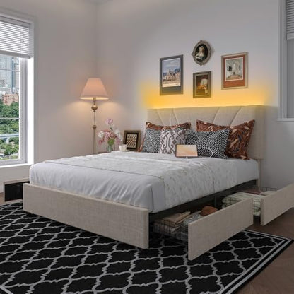 Queen Bed Frame with Drawers/Charging Station/LED Light, Beige, view 2
