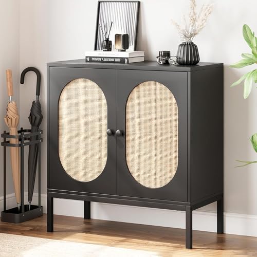 GAOMON Sideboard Buffet Cabinet, Rattan Storage Cabinet, Wood Accent Cabinet with Door and Shelf, Console Cabinet with Storage, Sideboard Cabinet for Hallway, Entryway, Living Room, Black
