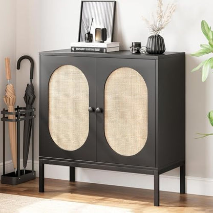 GAOMON Sideboard Buffet Cabinet, Rattan Storage Cabinet, Wood Accent Cabinet with Door and Shelf, Console Cabinet with Storage, Sideboard Cabinet for Hallway, Entryway, Living Room, Black