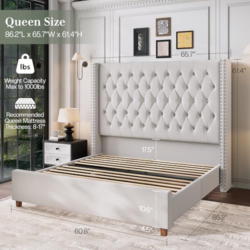Queen Bed Frame 61.4" Tall Headboard Velvet upholstered,Cream, view 3