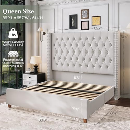 Queen Bed Frame 61.4" Tall Headboard Velvet upholstered,Cream, view 3