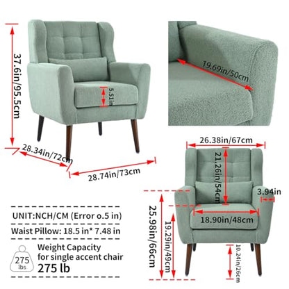 Accent Chair, Comfy Upholstered Living Room Chairs with High Tufted Backrest and Pillow, Wingback Reading Chair with Solid Wood Legs for Bedroom/Office,Teddy Fabric, Light Green