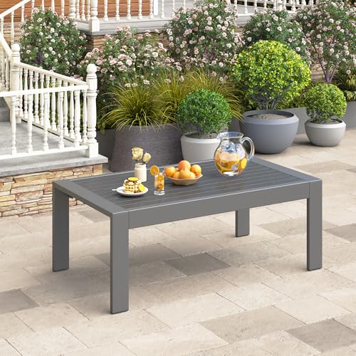 Outdoor Furniture Patio Coffee Table, Rectangle Outdoor Coffee Table, All-Weather Patio Metal Coffee Table for Balcony, Garden, Deck, Backyard, Grey