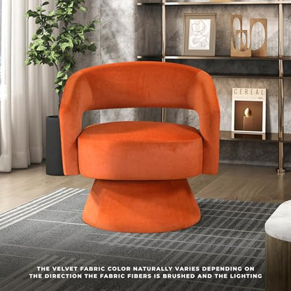 360 Degree Swivel Accent Chair, Modern Comfy Velvet Round Barrel Chair, Open Back, Plush Foam Cushions, Metal Swivel Base for Living Room/Bedroom/Office/Small Spaces, Orange