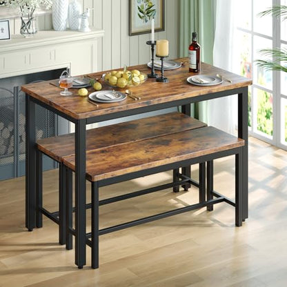 Dining Table Set for 4, 3-Piece Kitchen Table with 2 Benches, Space-Saving Dining Room Set for Breakfast Nook and Small Spaces, Brown