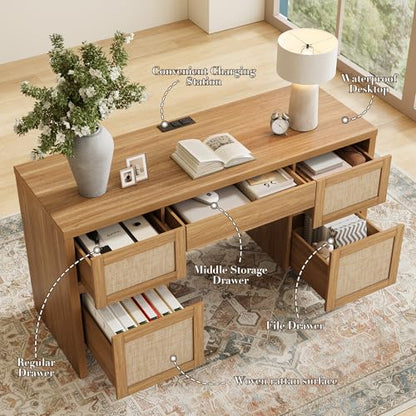 Executive Desk with 5 Drawers, 57" Modern Rattan Home Office Desk with Charging Station, File Drawer, Farmhouse Boho Computer Writing Desk for Study, Work, Walnut Brown