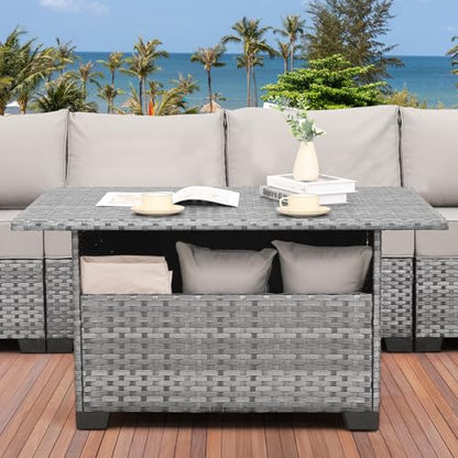 Outdoor PE Wicker Coffee Table - Patio Rattan Garden Furniture Multi-Functional Storage Tea Dining Table, Grey
