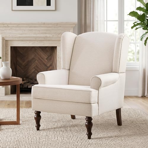 Printed Wingback Accent Chair, Linen Upholstered High Back Armchair, Comfy Reading Chair for Living Room Bedroom Study, 300lbs Weight Capacity (1, Tan with Lines)