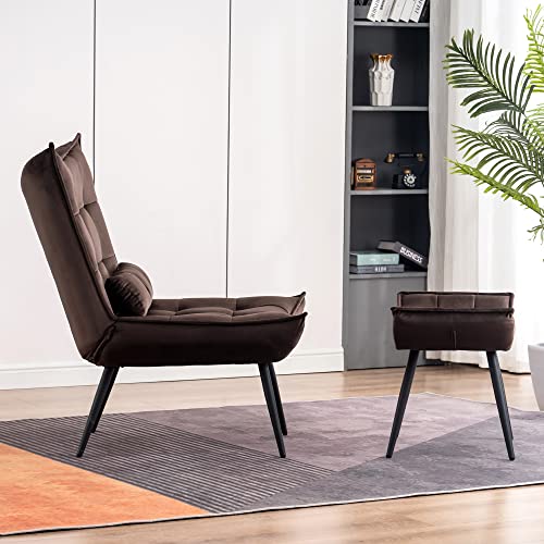 Accent Chair with Ottoman, Modern Velvet Wingback Lounge Chair, Upholstered Club Chair for Small Space, Living Room & Bedroom 4079 (Brown)