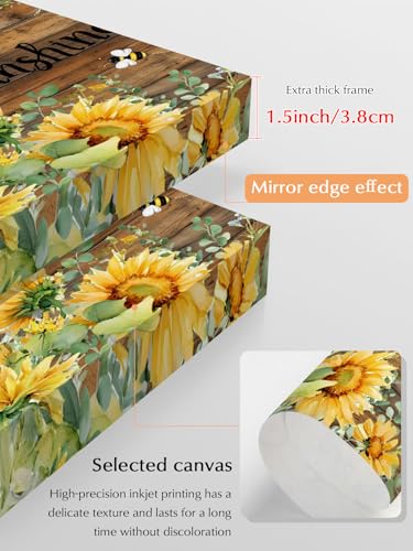 NuYeBiofx Farm Sunflower Bee Eucalyptus Canvas Wall Art Prints,48"x32" Framed Picture Artwork Retro Wooden Plank Printed Canvas Oil Painting for Living Room Bedroom Office,Ready to Hang