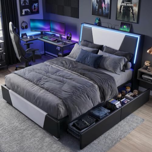 Full Size Bed Frame Upholstered Headboard Lights Storage Drawers, view 2