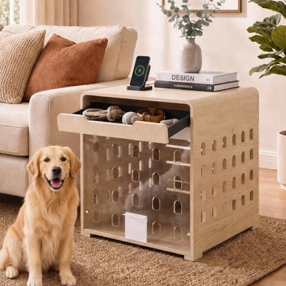 Modern Dog Crate Furniture Wooden Kennel Charging Station End Table Oak, view 2