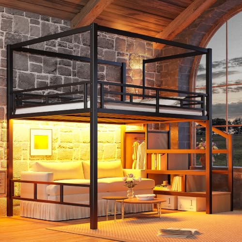 Queen Size Metal Loft Bed Frame with with Canopy Frame & Storage Staircase, view 2